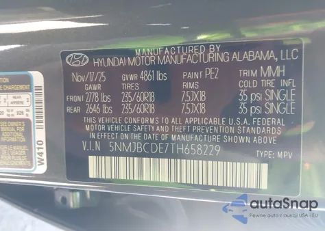 2026 Hyundai Tucson Sel z USA, uszkodzony, nr VIN 5NMJBCDE7TH658229